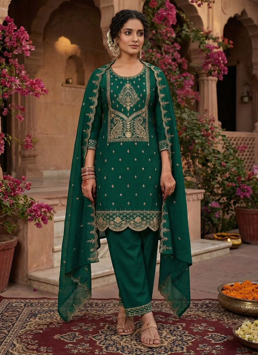 Green Vichitra Silk Embroidered Work Pakistani Suit